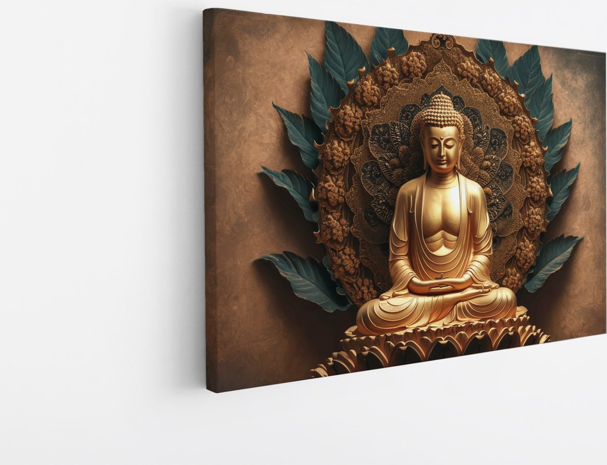 Saammp Canvas Schilderij - Boeddha - Goud - 90x60 - Foto op canvas - Wanddecoratie - Muurdecoratie Woonkamer - Canvas schilderijen Multicolor