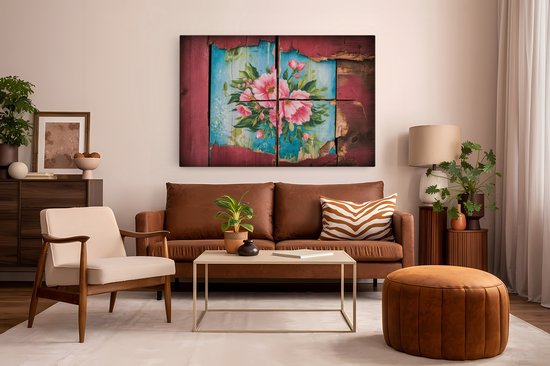 Saammp Canvas Schilderij - Bloemen op hout - Abstract - 60x40 - Foto op canvas - Wanddecoratie - Muurdecoratie Woonkamer - Kantoor Decoratie