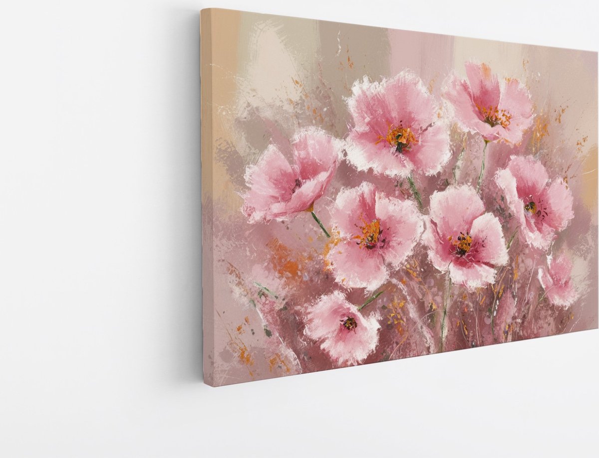 Saammp Canvas Schilderij - Pastel - Roze Bloemen - Abstract - 70x50 - Foto op canvas - Wanddecoratie - Muurdecoratie Woonkamer - Kantoor Decoratie Multicolor