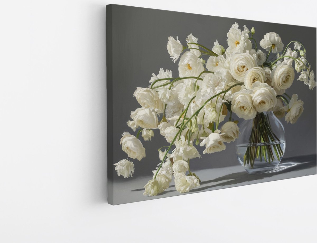 Saammp Canvas Schilderij - Abstracte Witte Bloemen in een vaas- Natuur - 70x50 - Foto op canvas - Wanddecoratie - Muurdecoratie Woonkamer - Kantoor Decoratie Multicolor