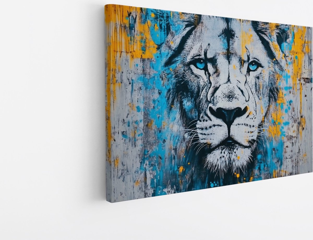 Saammp Canvas Schilderij - Abstracte Leeuw - Kleurrijk - Blauw - Dieren - Natuur - 30x20 - Foto op canvas - Wanddecoratie - Muurdecoratie Woonkamer - Slaapkamer decoratie - Canvas Print Multicolor