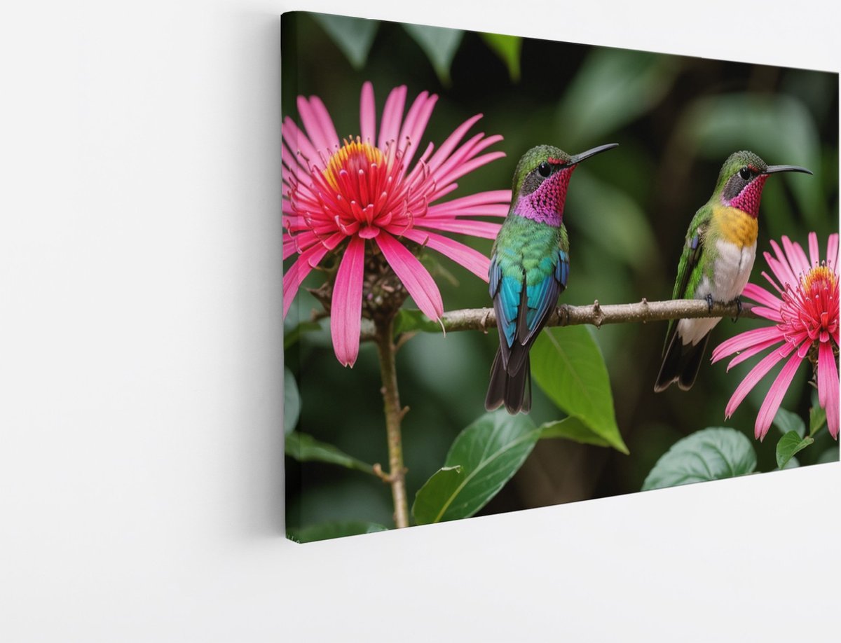 Saammp Canvas Schilderij - 2 Kolibries - Dieren - Bloemen - 30x20 - Foto op canvas - Wanddecoratie - muurdecoratie Woonkamer - Slaapkamer decoratie - Canvas Print Multicolor