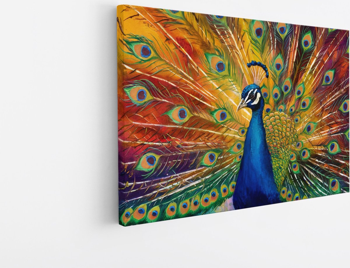 Saammp Canvas Schilderij - Pauw Kleurrijke hanen - Dieren - Natuur - 70x50 - Foto op canvas - Wanddecoratie - muurdecoratie Woonkamer - Slaapkamer decoratie - Canvas Print Multicolor