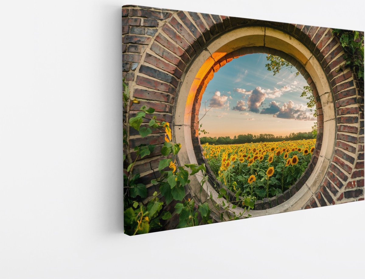 Saammp Canvas Schilderij - Zonnebloemenveld - Natuur - Doorkijk - 70x50 - Foto op canvas - Wanddecoratie - Muurdecoratie Woonkamer - Slaapkamer decoratie - Canvas Print Multicolor