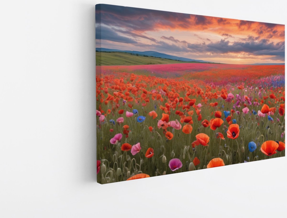 Saammp Canvas Schilderij - Landschap - Blauw - Rood - Bloemenveld - Natuur - 70x50 - Foto op canvas - Wanddecoratie - Muurdecoratie Woonkamer - Slaapkamer decoratie - Canvas Print Multicolor