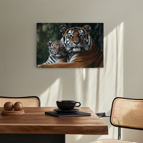 Saammp Canvas Schilderij - Tijger welp met moeder - Natuur - Dieren - 150x100 - Foto op canvas - Wanddecoratie - muurdecoratie Woonkamer - Slaapkamer decoratie - Canvas Print