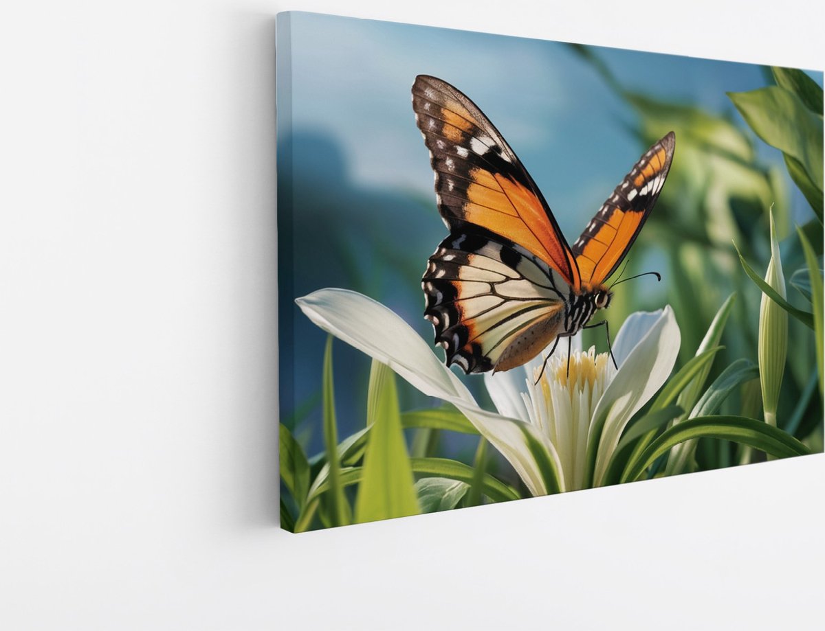 Saammp Canvas Schilderij -Vlinder op witte bloem - Dieren - 60x40 - Foto op canvas - Wanddecoratie - muurdecoratie Woonkamer - Slaapkamer decoratie - Canvas Print Multicolor