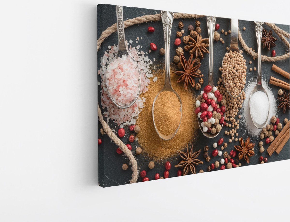 Saammp Canvas Schilderij - 4 Lepels met specerijen - 90x60 - Foto op canvas - Wanddecoratie - Muurdecoratie keuken - Slaapkamer decoratie - Canvas Print Multicolor