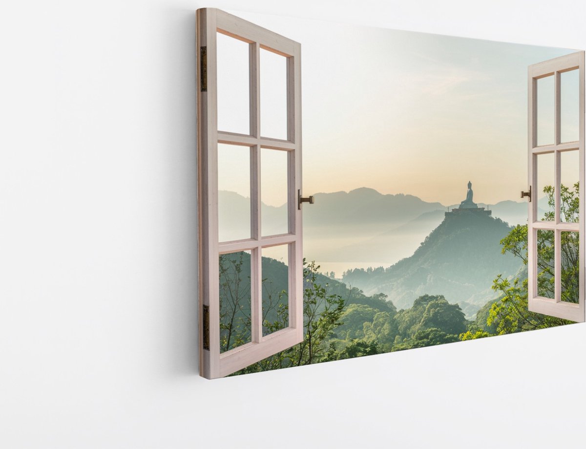 Saammp Canvas Schilderij - Boeddha op een berg - Natuur - Doorkijk - 90x60 - Foto op canvas - Wanddecoratie - Muurdecoratie Woonkamer - Slaapkamer decoratie - Canvas Print Multicolor