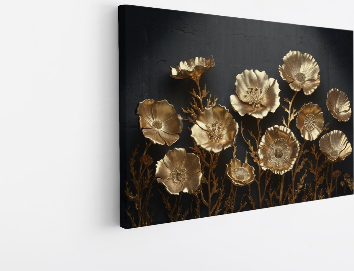 Saammp Canvas Schilderij - Goude bloemen - Abstract - 40x30 - Foto op canvas - Wanddecoratie - Muurdecoratie Woonkamer - Kantoor Decoratie Multicolor