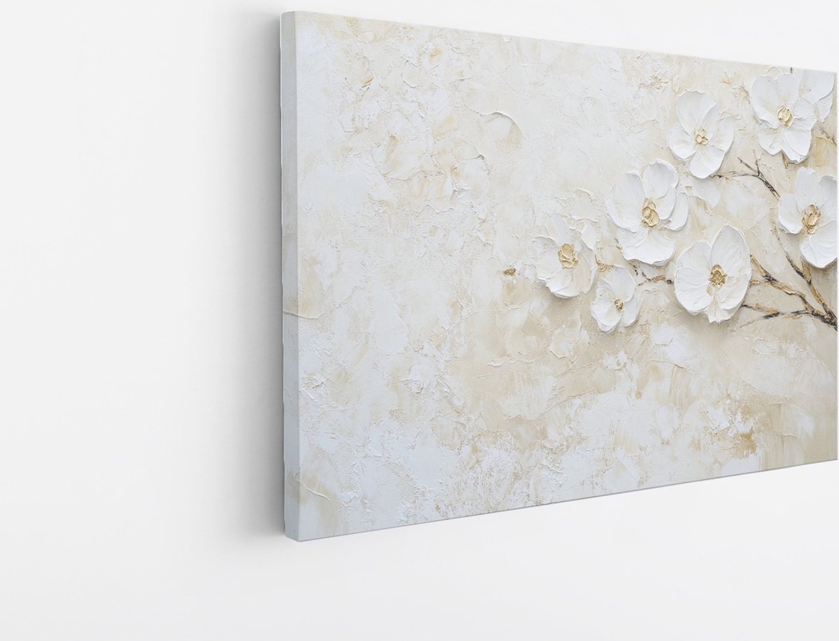 Saammp Canvas Schilderij - Witte Bloemen en Takken - Natuur - Textuur Abstract - 40x30 - Foto op canvas - Wanddecoratie - Muurdecoratie Woonkamer - Kantoor Decoratie Multicolor