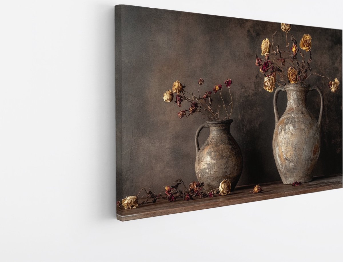 Saammp Canvas Schilderij - Droge Bloemen in Antieke Vazen - Vintage - Natuur - 40x30 - Foto op canvas - Wanddecoratie - Muurdecoratie Woonkamer - Kantoor Decoratie Multicolor