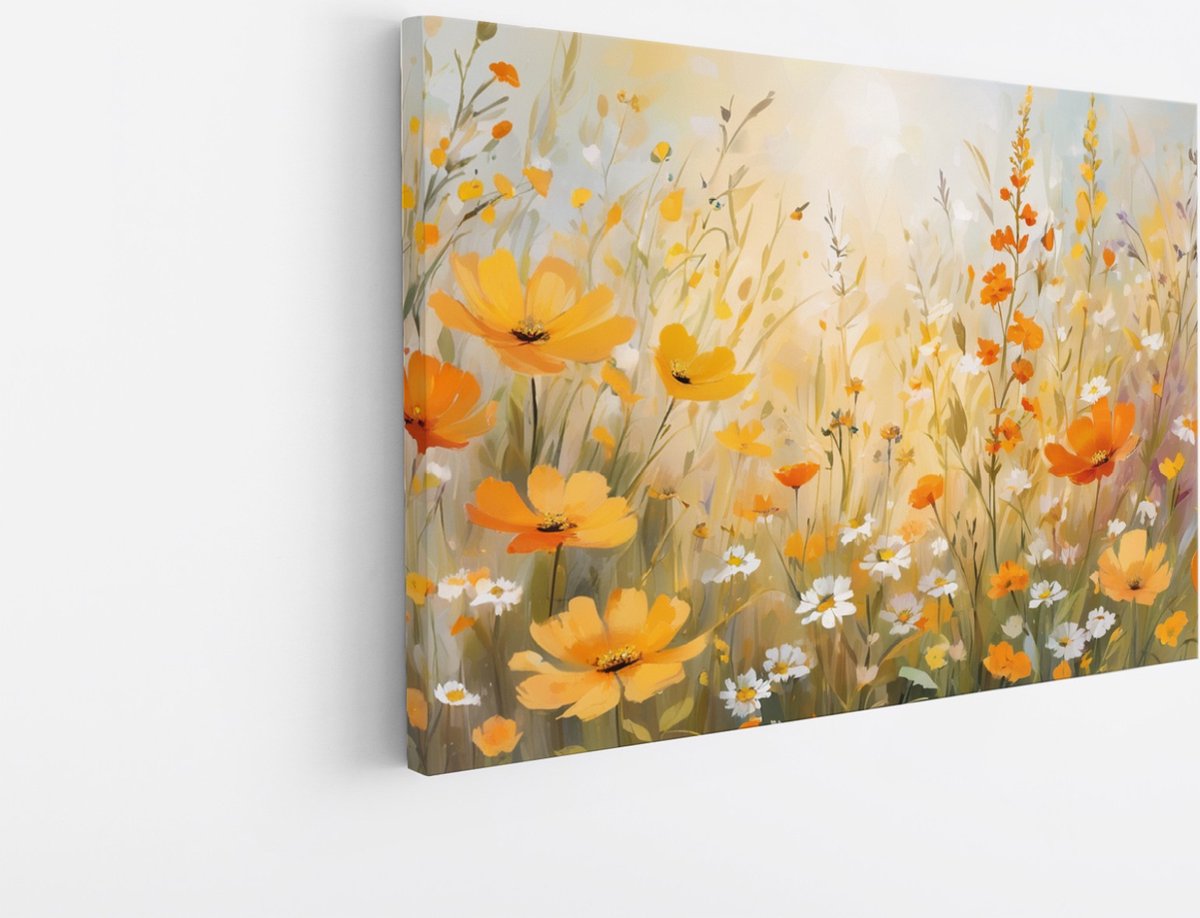 Saammp Canvas Schilderij - Oranje bloemen - geel - Abstract - 45x30 - Foto op canvas - Wanddecoratie - Muurdecoratie Woonkamer - Kantoor Decoratie Multicolor