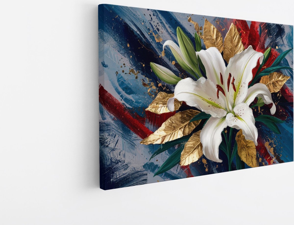 Saammp Canvas Schilderij - Witte Lelie met Gouden Details - Natuur - Bloemen - 45x30 - Foto op canvas - Wanddecoratie - Muurdecoratie Woonkamer - Kantoor Decoratie Multicolor