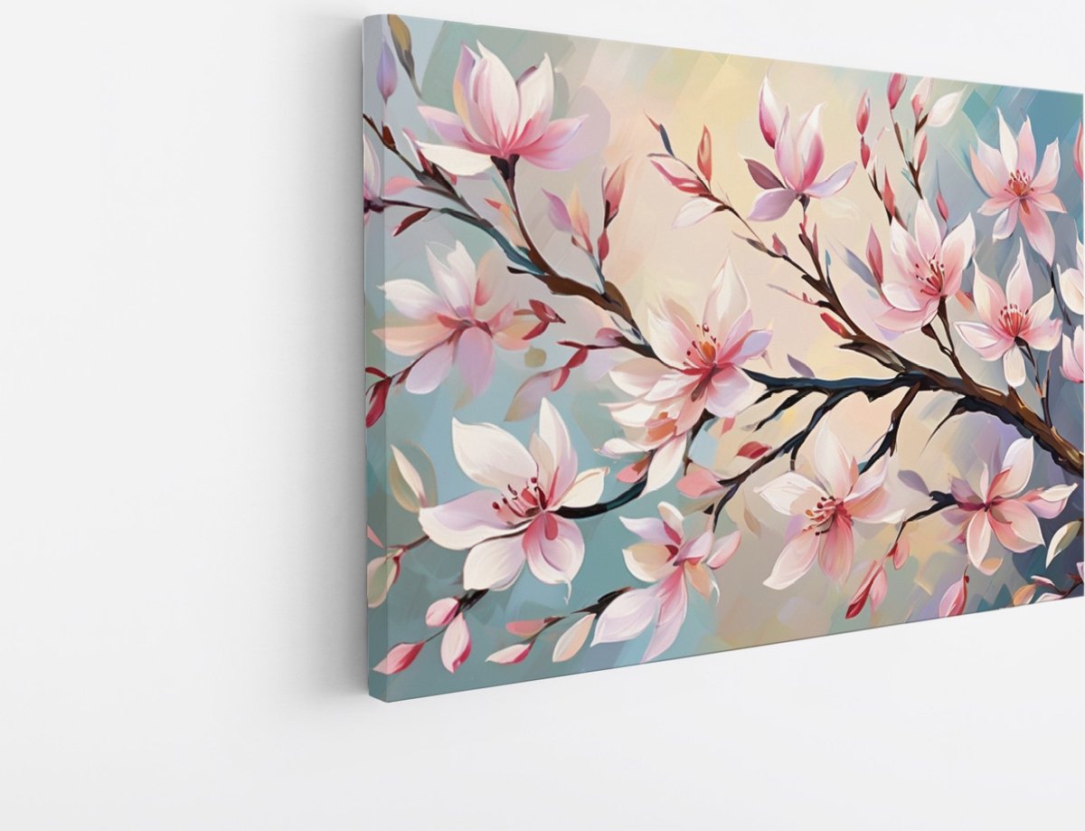 Saammp Canvas Schilderij - Roze bloemen aan tak - Abstract - 45x30 - Foto op canvas - Wanddecoratie - Muurdecoratie Woonkamer - Kantoor Decoratie Multicolor
