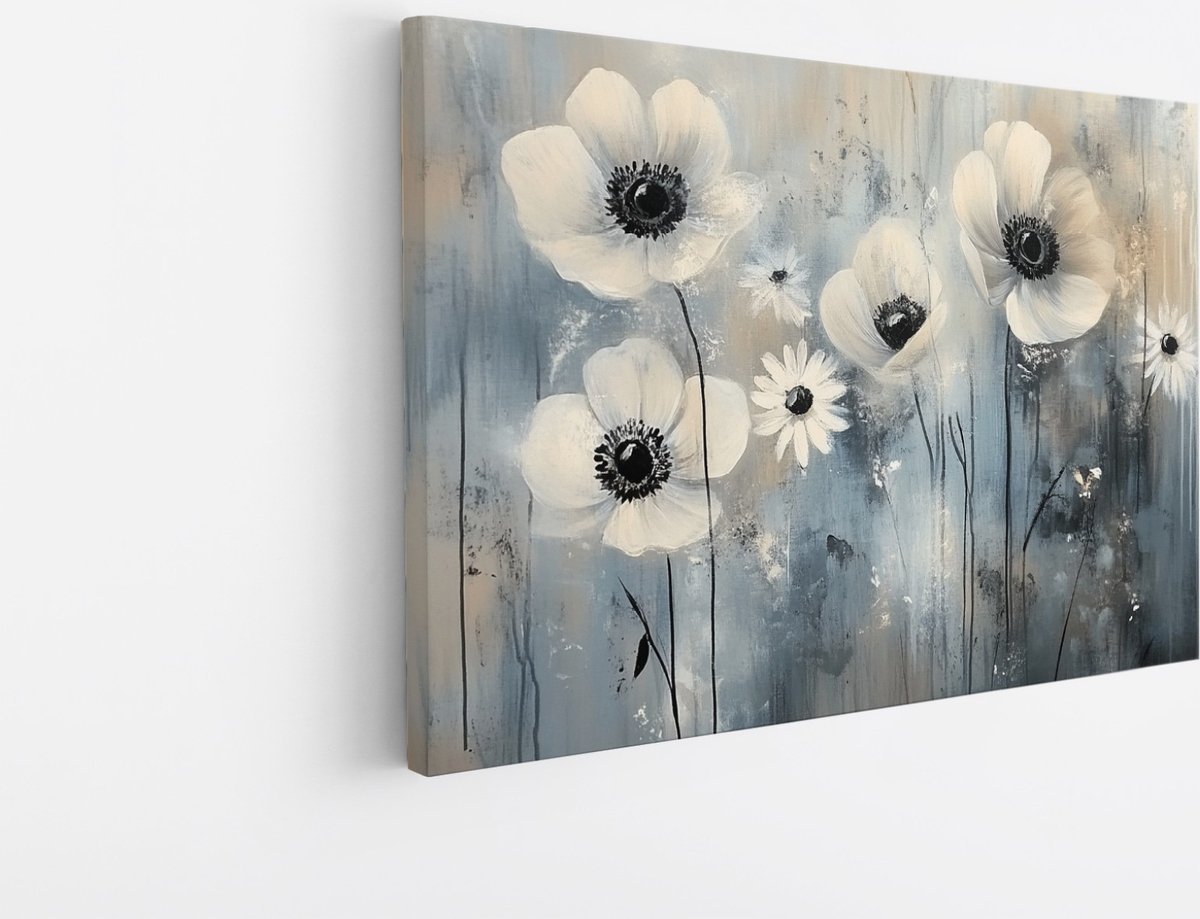 Saammp Canvas Schilderij - Zwart-Wit Anemonen - Natuur - Abstract - 150x100 - Foto op canvas - Wanddecoratie - Muurdecoratie Woonkamer - Kantoor Decoratie Multicolor