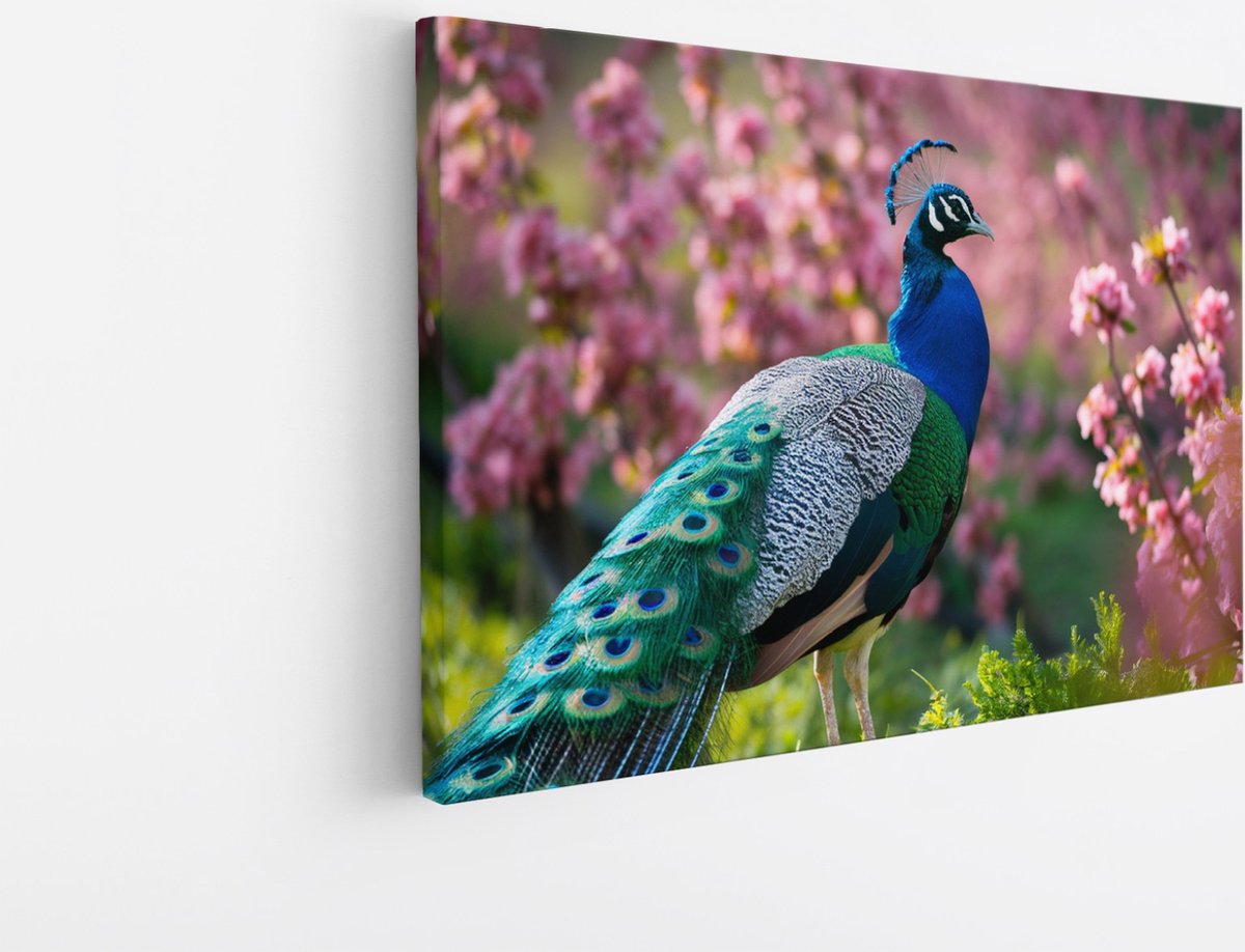Saammp Canvas Schilderij - Pauw bij roze bloemen - Dieren - Natuur - 40x30 - Foto op canvas - Wanddecoratie - muurdecoratie Woonkamer - Slaapkamer decoratie - Canvas Print Multicolor