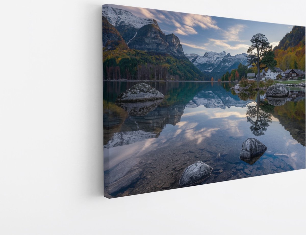 Saammp Canvas Schilderij - Groot meer tussen de bergen - Rotsen - Bloemen - Landschap - Natuur - 40x30 - Foto op canvas - Wanddecoratie - Muurdecoratie Woonkamer - Slaapkamer decoratie - Canvas Print Multicolor