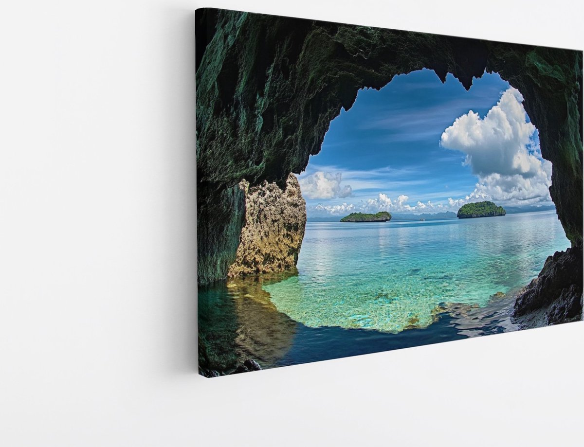 Saammp Canvas Schilderij - Eilanden - Uitzicht vanuit een grot - Natuur - Landschap - 40x30 - Foto op canvas - Wanddecoratie - Muurdecoratie Woonkamer - Slaapkamer decoratie - Canvas Print Multicolor