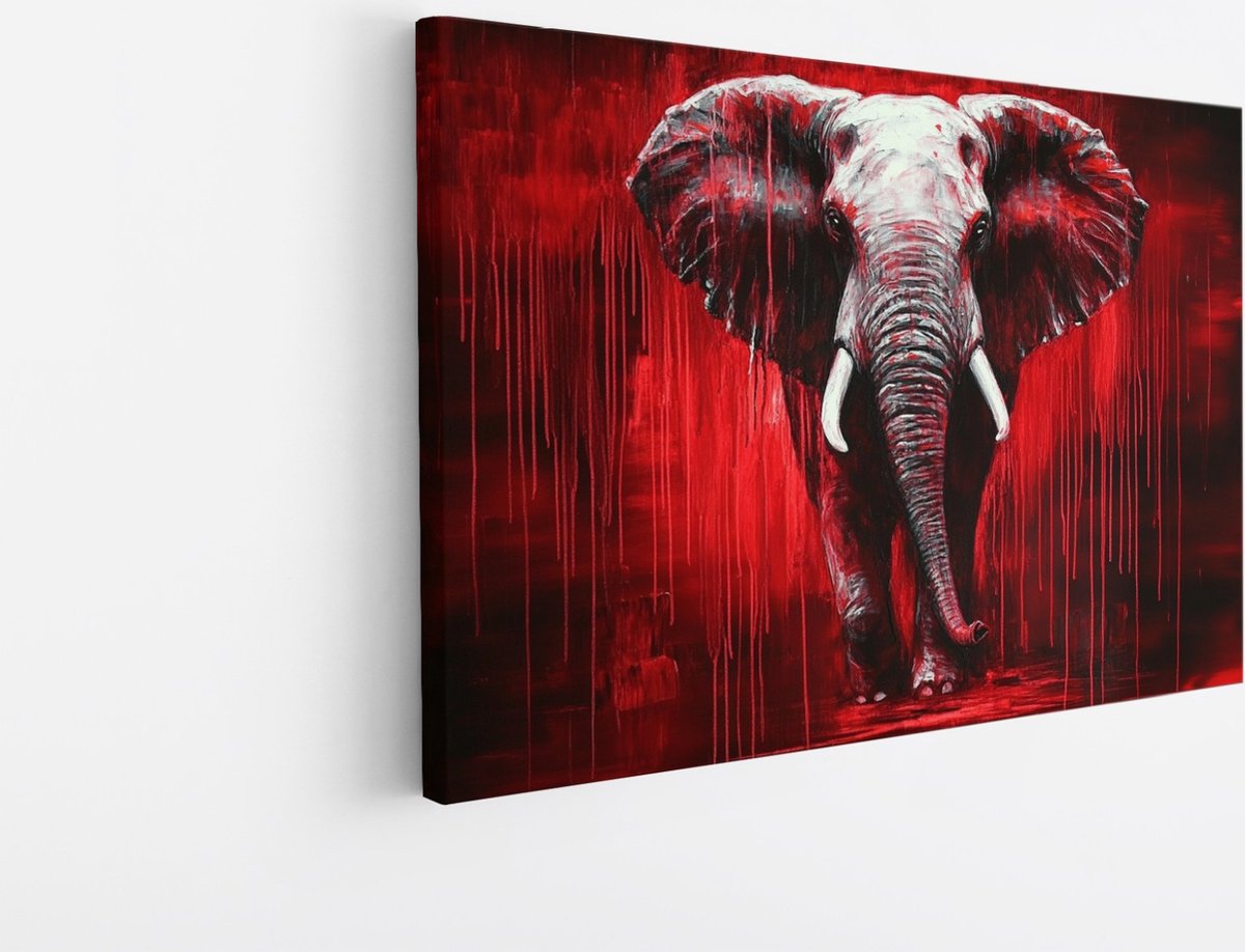 Saammp Canvas Schilderij - Abstracte Olifant - Rood - Afrika - Dieren - 100x75 - Foto op canvas - Wanddecoratie - muurdecoratie Woonkamer - Slaapkamer decoratie - Canvas Print Multicolor