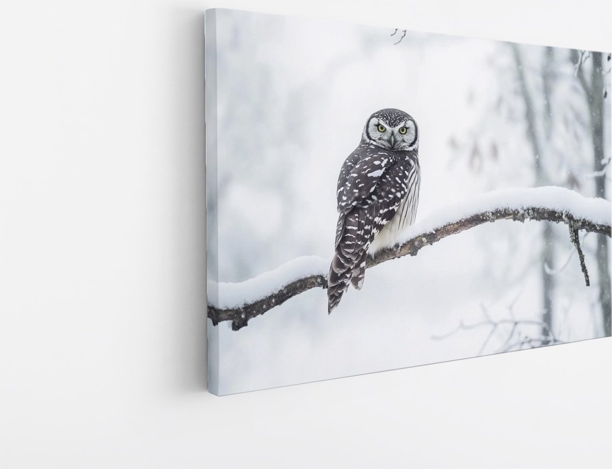 Saammp Canvas Schilderij - Uil op tak- winter - Dieren - 100x75 - Foto op canvas - Wanddecoratie - muurdecoratie Woonkamer - Slaapkamer decoratie - Canvas Print Multicolor