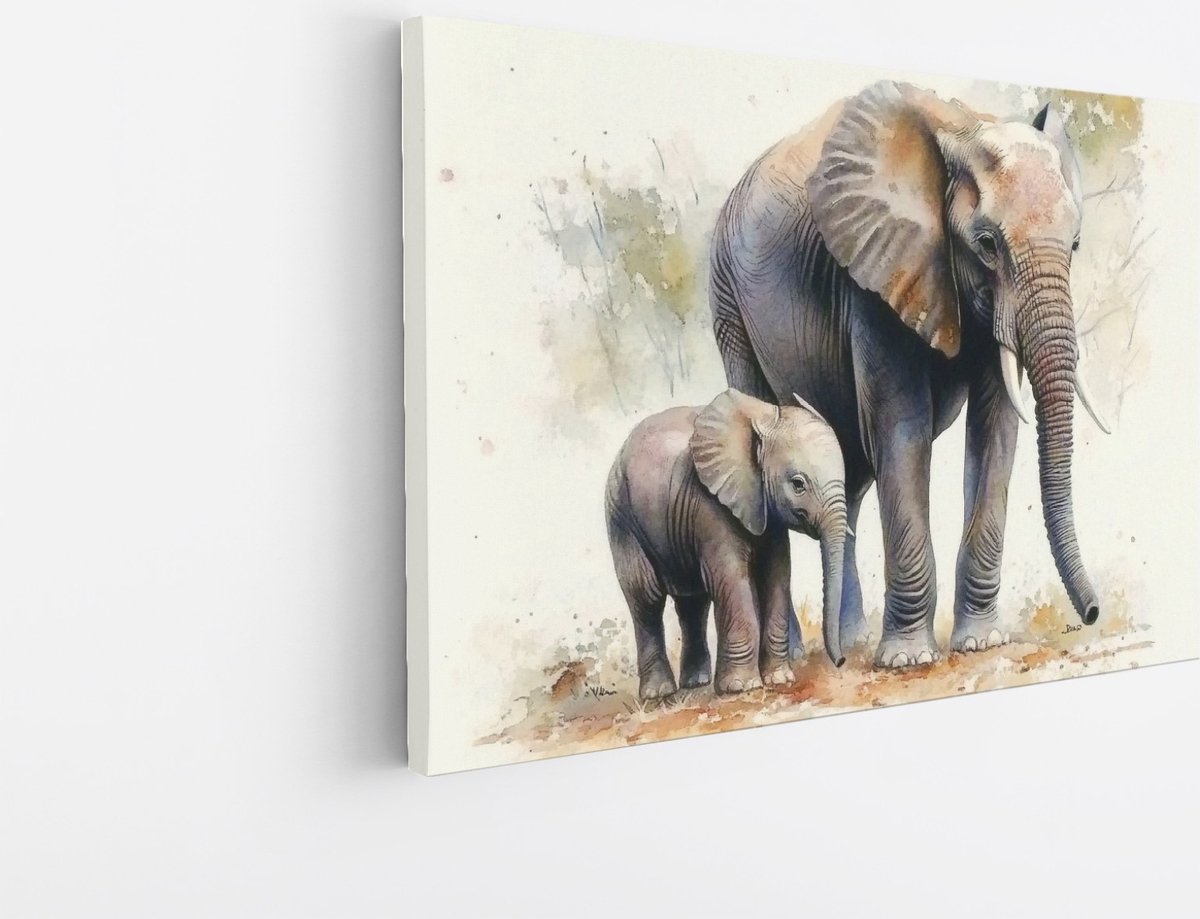 Saammp Canvas Schilderij - Olifant met kalf - Abstract - Dieren - 90x60 - Foto op canvas - Wanddecoratie - muurdecoratie Woonkamer - Slaapkamer decoratie - Canvas Print Multicolor