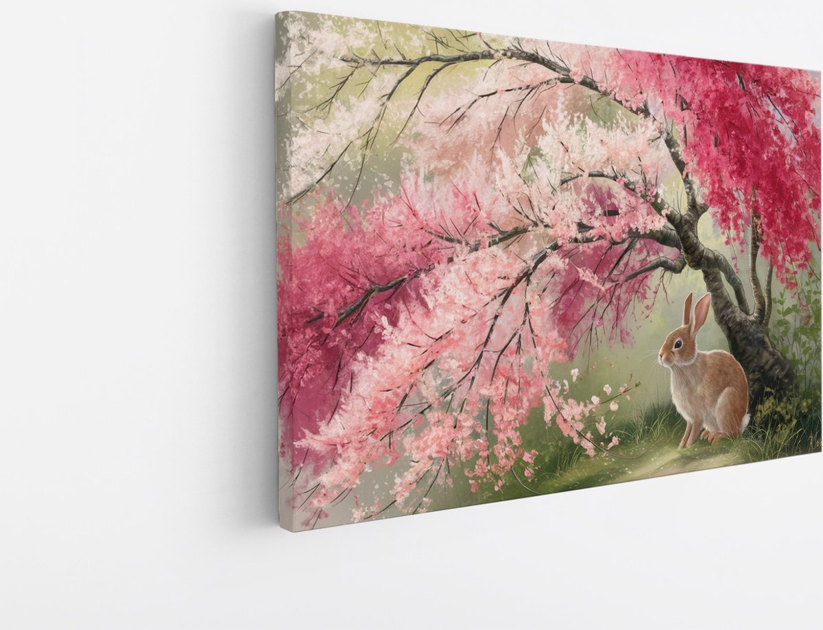 Saammp Canvas Schilderij - Konijn onder roze boom - Natuur - Abstract - 150x100 - Foto op canvas - Wanddecoratie - Muurdecoratie Woonkamer - Slaapkamer decoratie - Canvas Print Multicolor