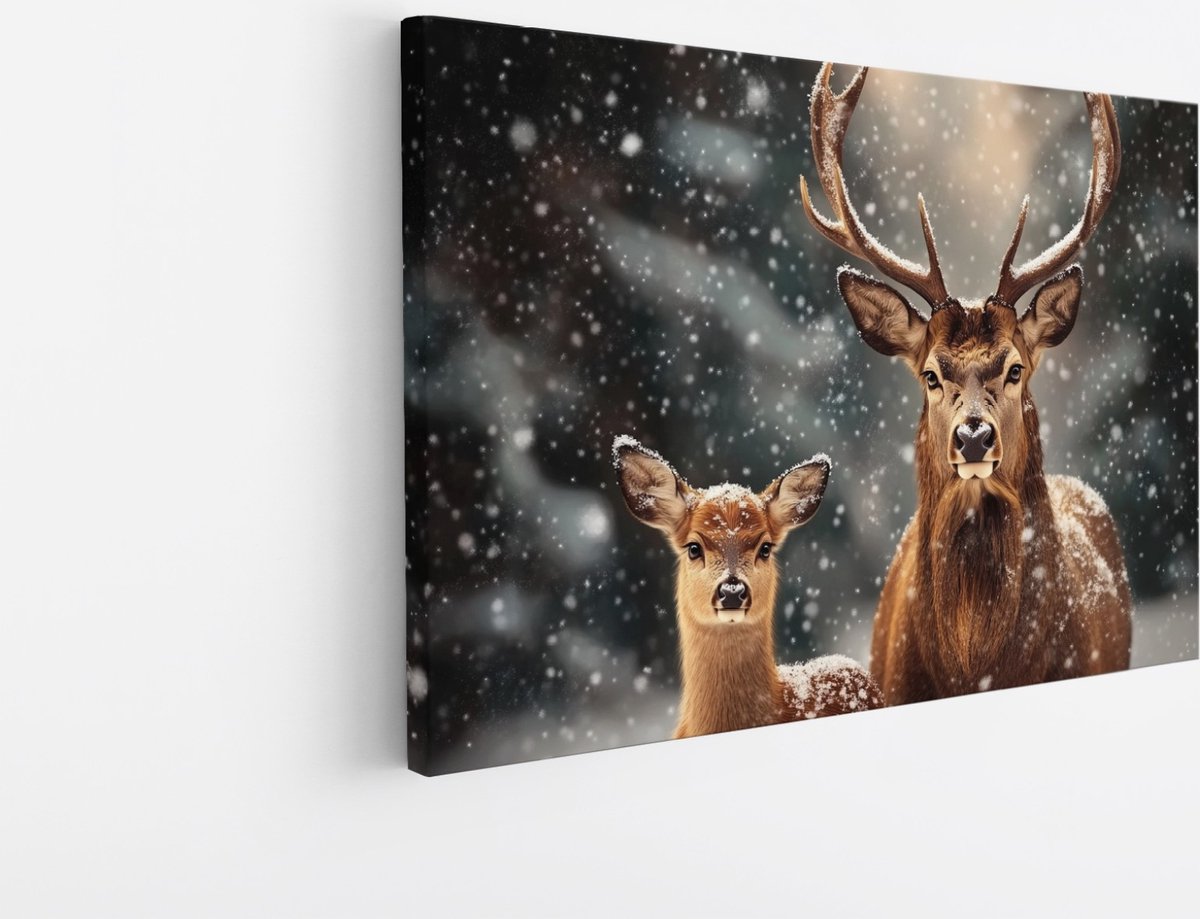Saammp Canvas Schilderij - herten familie in de sneeuw - Natuur - Dieren - 150x100 - Foto op canvas - Wanddecoratie - Muurdecoratie Woonkamer - Slaapkamer decoratie - Canvas Print Multicolor