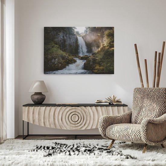 Saammp Canvas Schilderij - Waterval tussen de rotsen - Bos - Landschap - Natuur - 150x100 - Foto op canvas - Wanddecoratie - Muurdecoratie Woonkamer - Slaapkamer decoratie - Canvas Print
