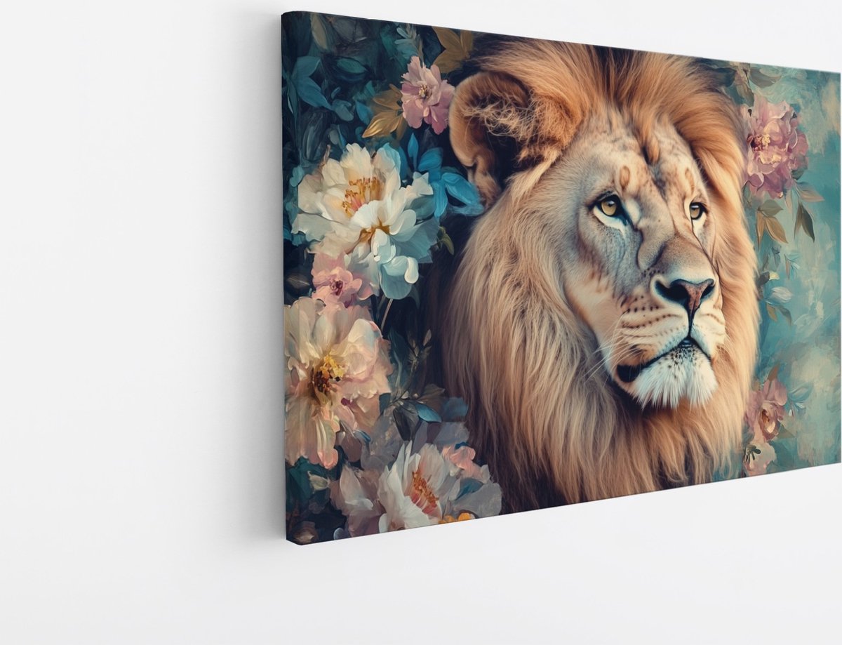 Saammp Canvas Schilderij - Leeuw met kleurrijke bloemen - Dieren - Abstract - 60x40 - Foto op canvas - Wanddecoratie - Muurdecoratie Woonkamer - Slaapkamer decoratie - Canvas Print Multicolor