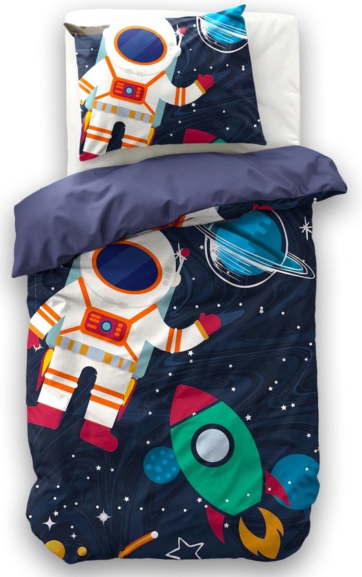 1-persoons jongens dekbedovertrek (dekbed hoes) blauw ruimtevaart met astronaut, spaceshuttle / raket tussen planeten en sterren in het heelal / universum eenpersoons 140 x 220 cm (stoer beddengoed kinderkamer, cadeau idee Sint & Kerst!)