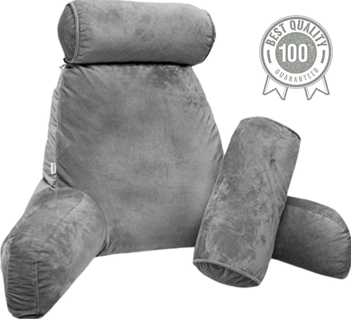 Q-Living XXL Leeskussen met Extra Nekrol - Relax Kussen - Zitkussen - Onderrug Ondersteuning - Leeskussen Voor In Bed - Fluweel Grijs