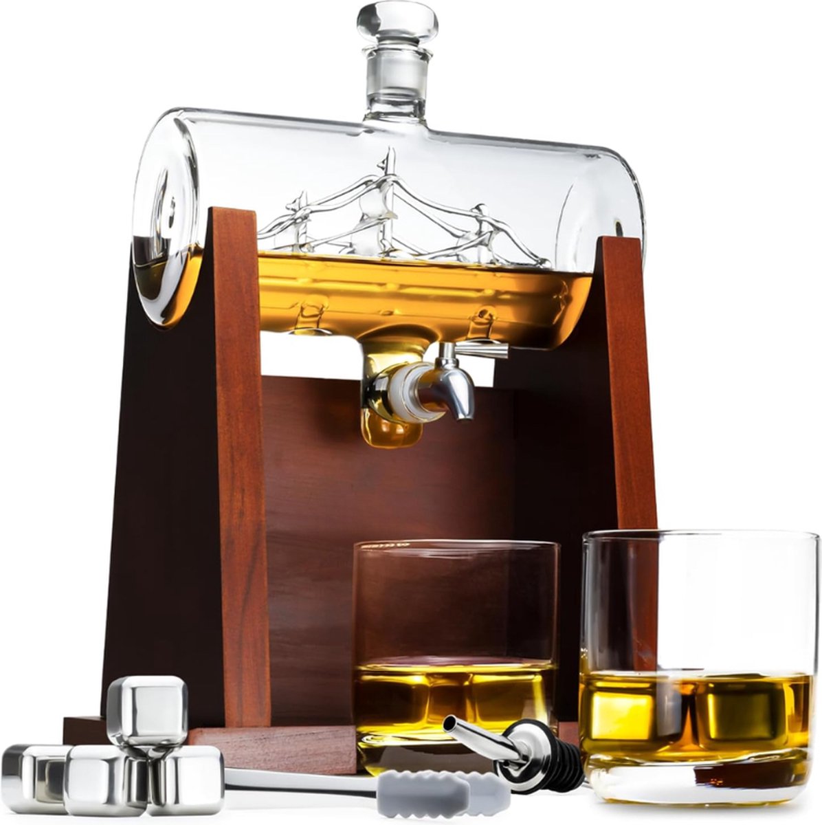 Whiskey Karaf Zeilschip Karaf 1100ml Luxe Whisky Karaf Set Decanteer Karaf Whiskey Set Cadeau Voor Mannen 4 Whiskey Stones 2 Whiskey Glazen x 290ML & Extra Accessoires