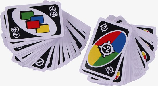 Twee stapels UNO speelkaarten, met een +4 kaart en een +2 kaart zichtbaar.