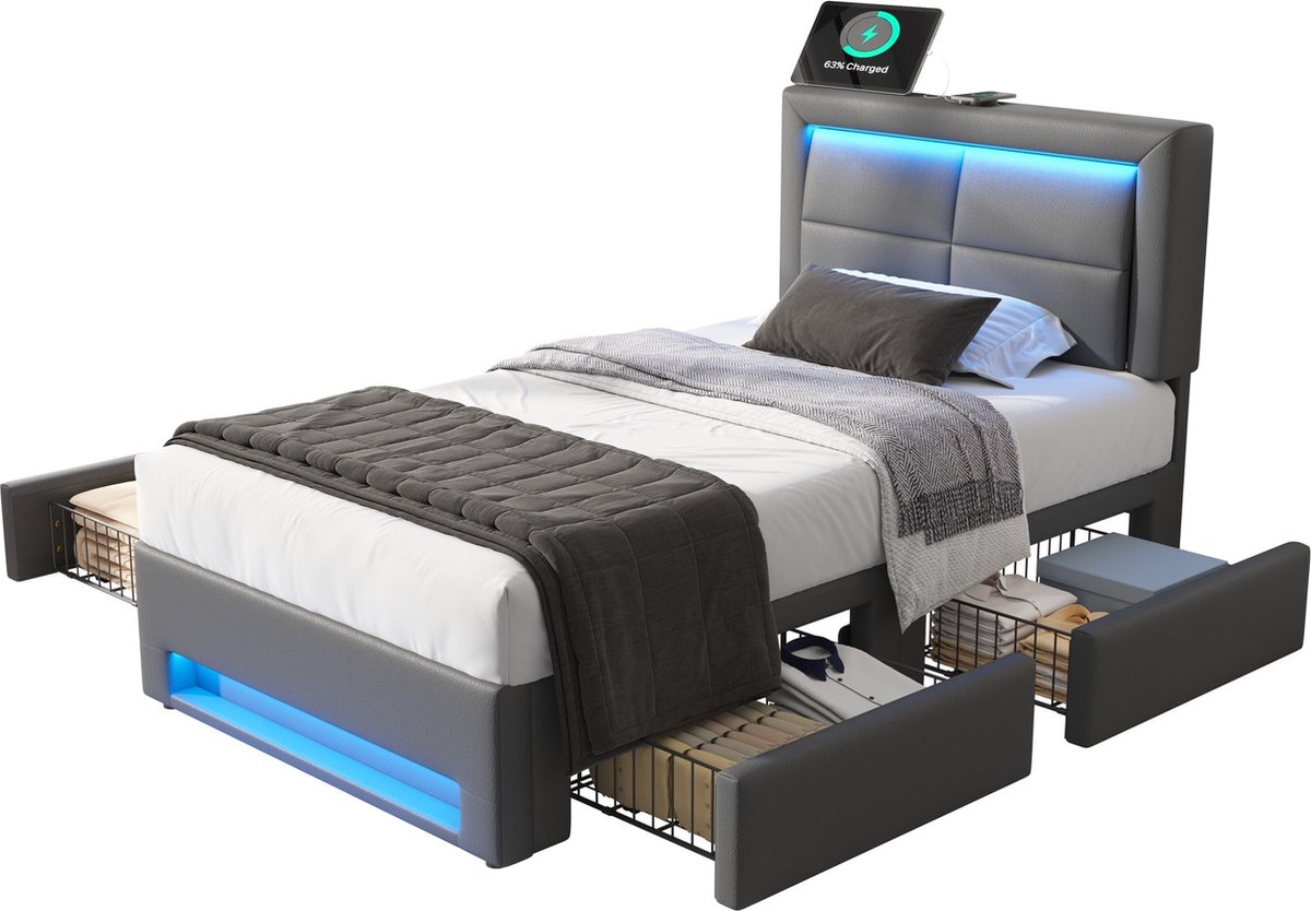 Merax Gestoffeerd Bed 90×190 cm met 4 Lades – Kunstleer Eenpersoonsbed met USB-aansluiting en LED Verlichting - Zonder Matras – Grijs