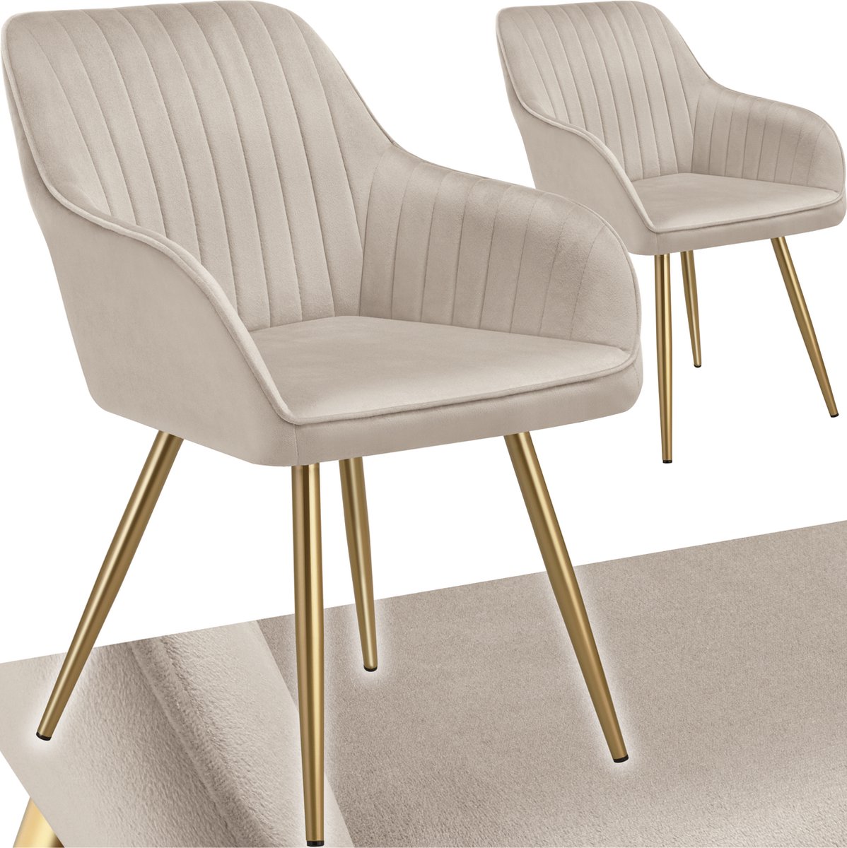 Tectake Eetkamerstoelen Marilyn - Set van 2 - Gestoffeerde Stoel in Fluweellook - Doorgestikt - Zwarte Stoelpoten - Ergonomische Keukenstoel - Doorlopende Rugleuning en Armleuningen - Stoel voor Woonkamer, Eetkamer, Slaapkamer - Taupe
