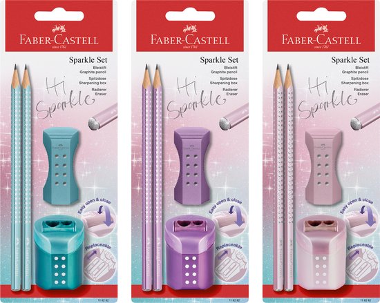 Foto: Faber castell potlodenset sparkle cosmic 2 grafietpotloden met gum en puntenslijper op blisterverpakking 1 set fc 118282