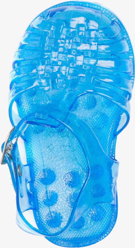 Onderkant van een transparante blauwe waterschoen met noppenprofiel.