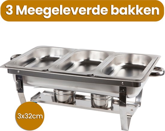Alora Chafing Dish chrome 3 bakken per 3 - Voedsel Verwamer - Voedsel Warmhouden - met Deksel - Buffetwarmer - Roestvrij Staal - Chrome - Earmhoudplaat - Bain Marie - Warmhoudbakken - Warmhoudschalen — afbeelding 5
