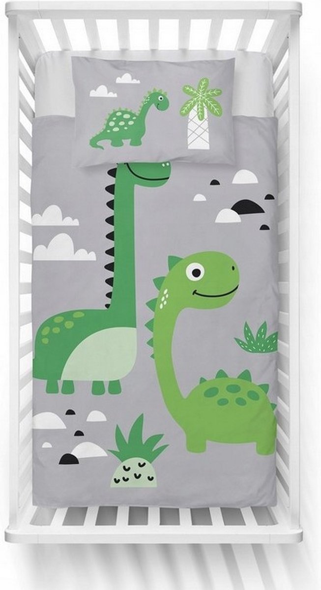 Ledikant dekbedovertrek Dino grijs - katoen - 100x135 + 40x60 cm