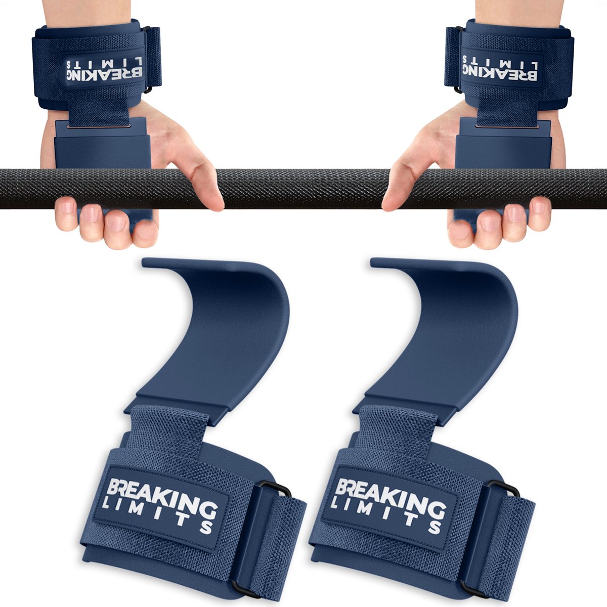 Breaking Limits Lifting Hooks – Lifting Straps – Power Grips - Deadlift Straps - Lift Straps – Lifting Grips - Fitness, Crossfit & Krachttraining - 2 Stuks - Navy Blue
