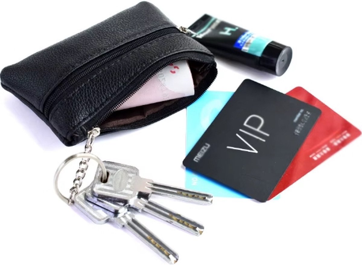 Actie4you® - Sleuteltasje - Leren Sleuteletui - 1 Sleutelring – Portemonnee – Muntgeld -Zwart