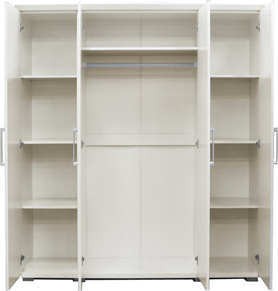 Armoire Interiax «Mila» – 4 Portes, 1 cintre et 6 Étagères | Blanc | 183x160x52cm
