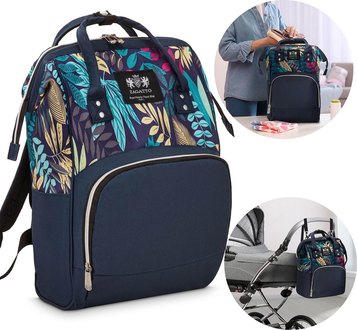 Zagatto Blauwe rugzak met handvatten, kinderwagenzak, waterdicht 43x30x17 cm