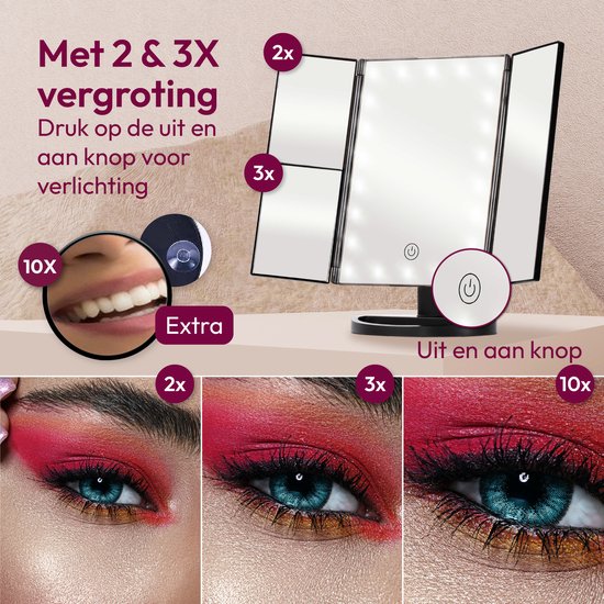 Gadgy de maquillage Gadgy avec éclairage - Triptyque avec miroir grossissant - Cosmétique / Miroir de maquillage - Miroir grossissant - Éclairage LED à intensité variable - 22 LED - Rotatif à 180 ° - Fonctionne sur piles / USB - Comprend un câble USB