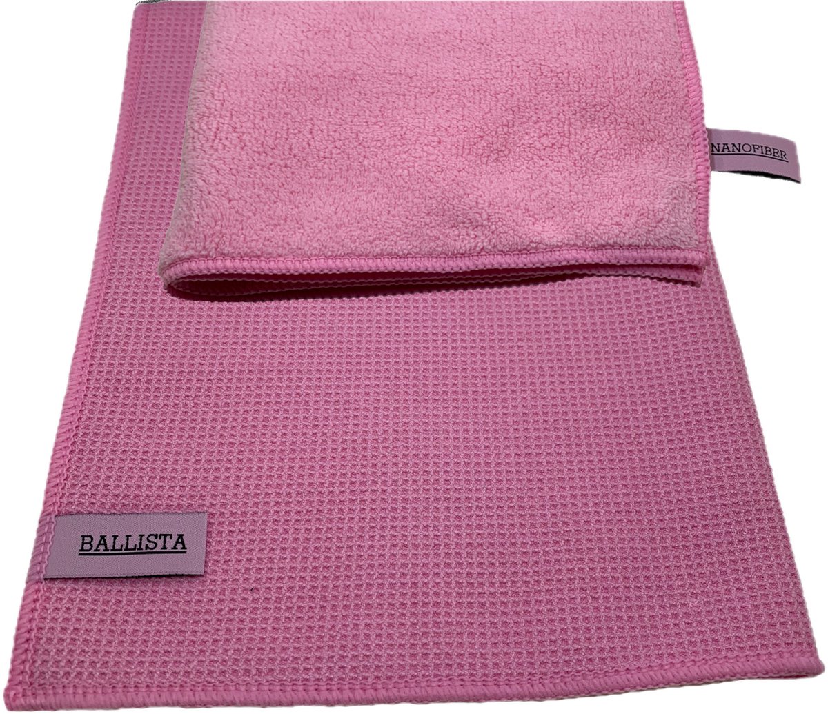 Goedkoopste Streeploos ramen wassen set droogdoek Ballista 45 x 60 cm met schoomaakdoek 40 x 40 cm nanofiber roze beide origineel