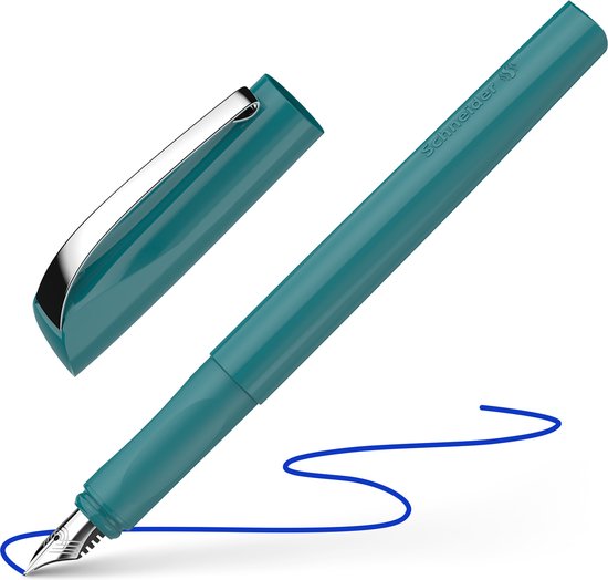 Stylo plume Schneider turquoise avec clip, capuchon argentés et ligne d'encre bleue.