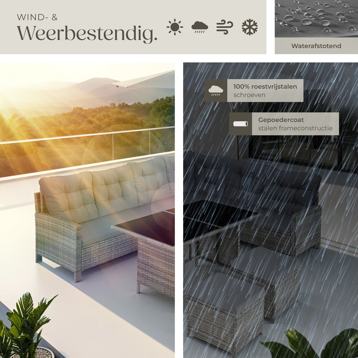 tectake® Loungeset Barletta - 6 tot 8 Personen - Modulaire Tuinset met Loungebank, Kruk en Tuintafel - Tuinmeubels - Balkonmeubel - 5-delige Zitgroep - Inclusief Kussens - Ideaal voor Tuin, Terras en Balkon - Beige met Grijze Kussens thumbnail 6