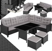 tectake® - wicker loungeset, tuinmeubelset met bank, kruk + tafel, balkonmeubel buiten, 5-delige zitgroep, inclusief zit- en rugkussens, ideaal voor tuin, terras, balkon - zwart met grijze kussens