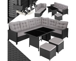 tectake® Loungeset Barletta - Tuinset met Loungebank, Kruk en Tuintafel - Tuinmeubels - Balkonmeubel - 5-delige Zitgroep - Inclusief Kussens - Ideaal voor Tuin, Terras en Balkon - Zwart met Grijze Kussens